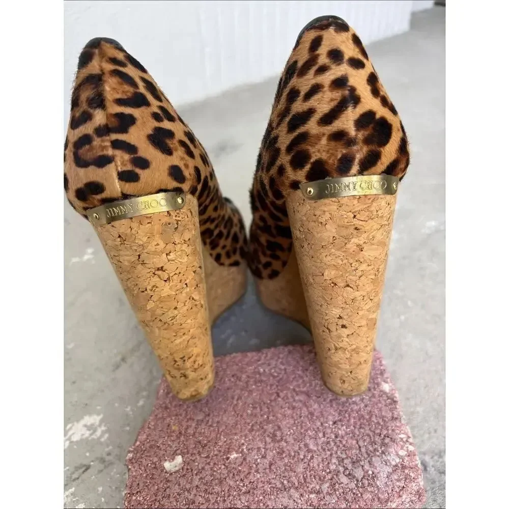 Jimmy Choo pony hair leopard print peep toe platforms